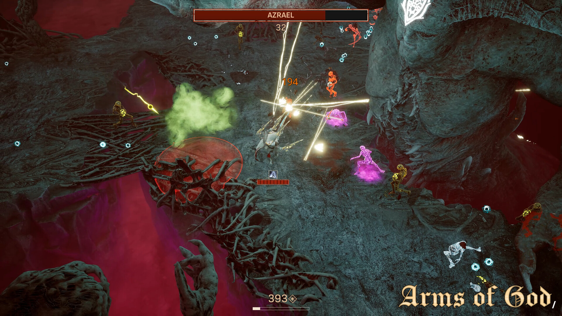 Arms of God gameplay — bullet heaven roguelite with five weapons firing simultaneously at demon hordes